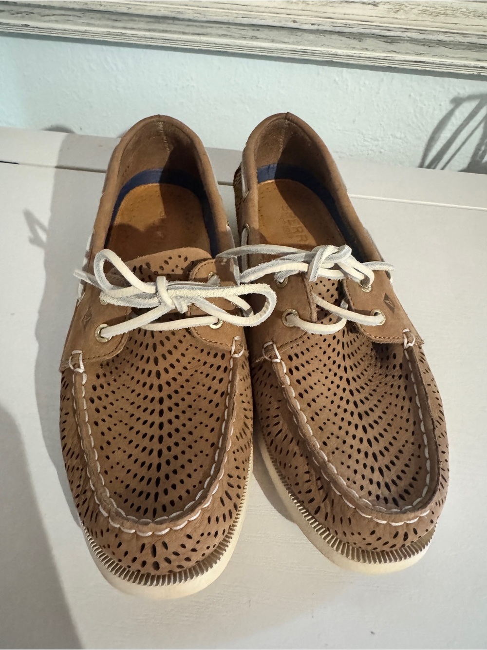 Sperry Perforated Tan Boat Shoes with White Laces